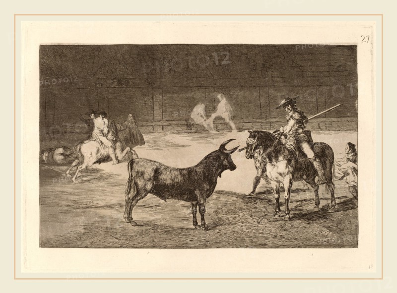 Francisco de Goya, El celebre Fernando del Toro, barilarguero, obligando a la fiera con su garrocha (The celebrated Picador, Fernando del Toro, Draws the Fierce Beast on with His Pique), Spanish, 1746-1828, in or before 1816, etching, burnished aquatint, drypoint and burin [first edition impression]