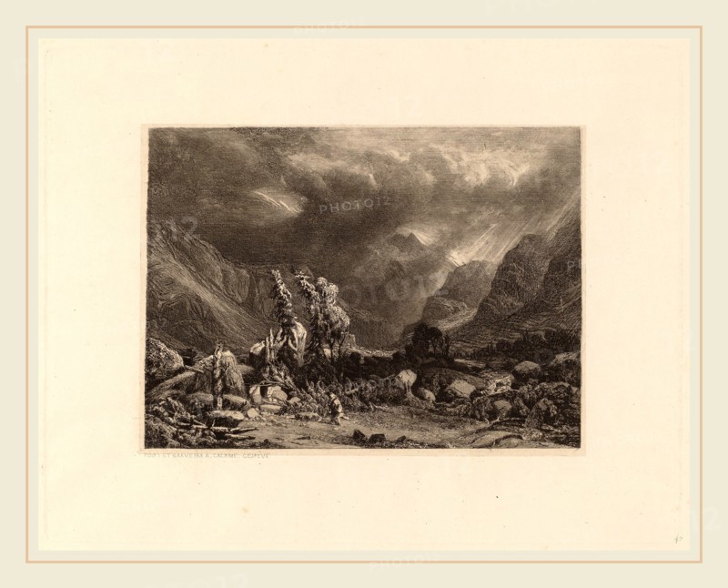 Alexandre Calame, Storm in the Mountains, Swiss, 1810-1864, 1840-1850, etching on chine collé