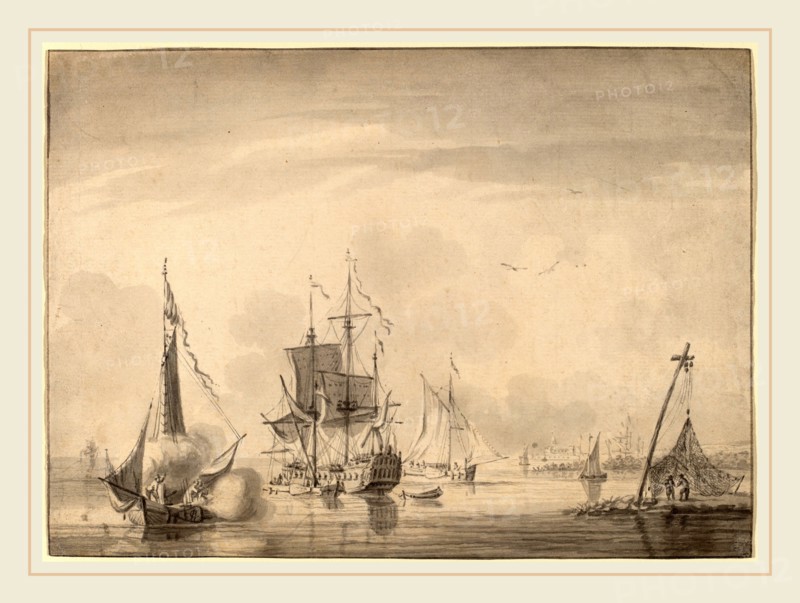 John Greenwood, Harbor Scene, American, 1727-1792, c. 1760, brush and gray ink with gray wash on laid paper