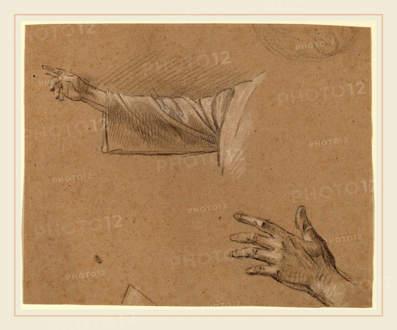 Benjamin West, Study of a Right Arm and a Left Hand, American, 1738-1820, black chalk heightened with white on brown laid paper