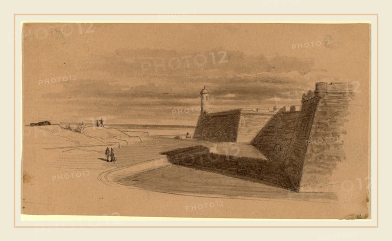 James Wells Champney, Moat at Fort Marion, Florida, American, 1843-1903, in or before 1874, graphite with gray wash on tan paper