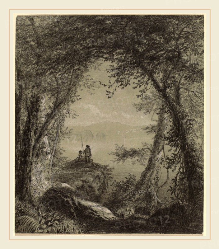 Richard William Hubbard, Lake George, American, 1816-1888, c. 1850-1869, graphite touched with white chalk on green wovepaper
