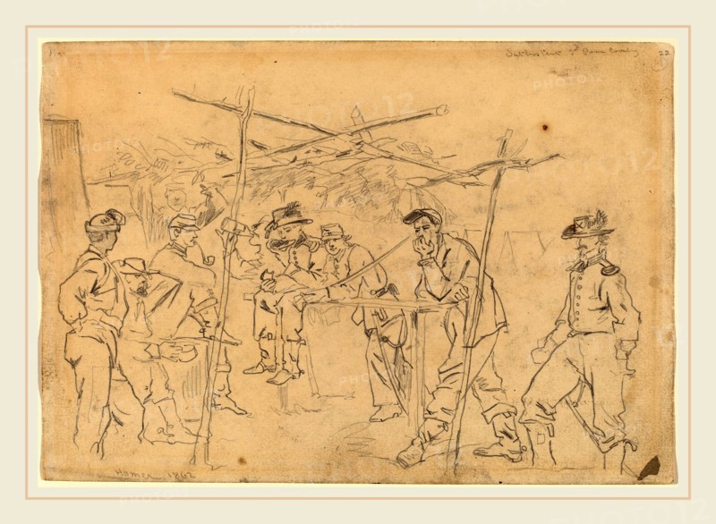 Winslow Homer, Sutler's Tent: 3rd Pennsylvania Cavalry [recto], American, 1836-1910, 1862, graphite and charcoal on wove paper