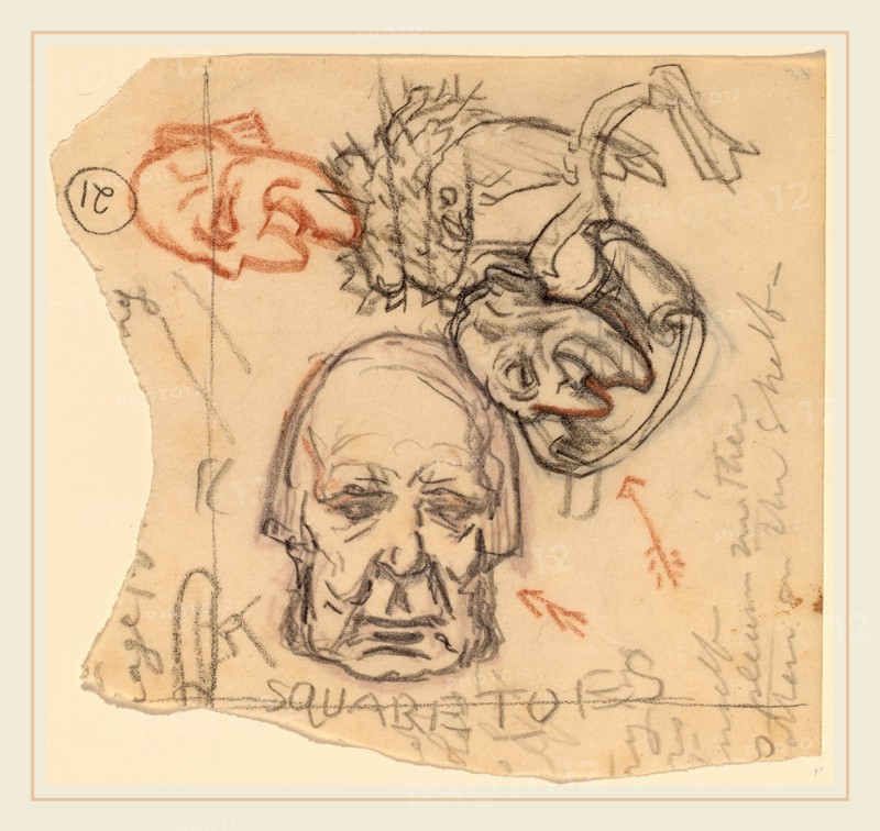 Elihu Vedder, Self-Portrait: Caricatures, American, 1836-1923, c. 1918, charcoal and pastel on wove paper