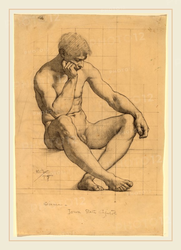 Kenyon Cox, Seated Male Nude: Study for "Science"-Iowa State Capitol, American, 1856-1919, 1905, graphite on laid paper, squared with graphite