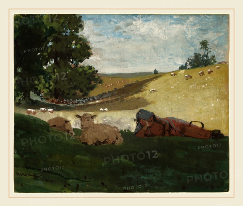 Winslow Homer, Warm Afternoon (Shepherdess), American, 1836-1910, 1878, watercolor, gouache, and graphite on gray-green paper faded to brown