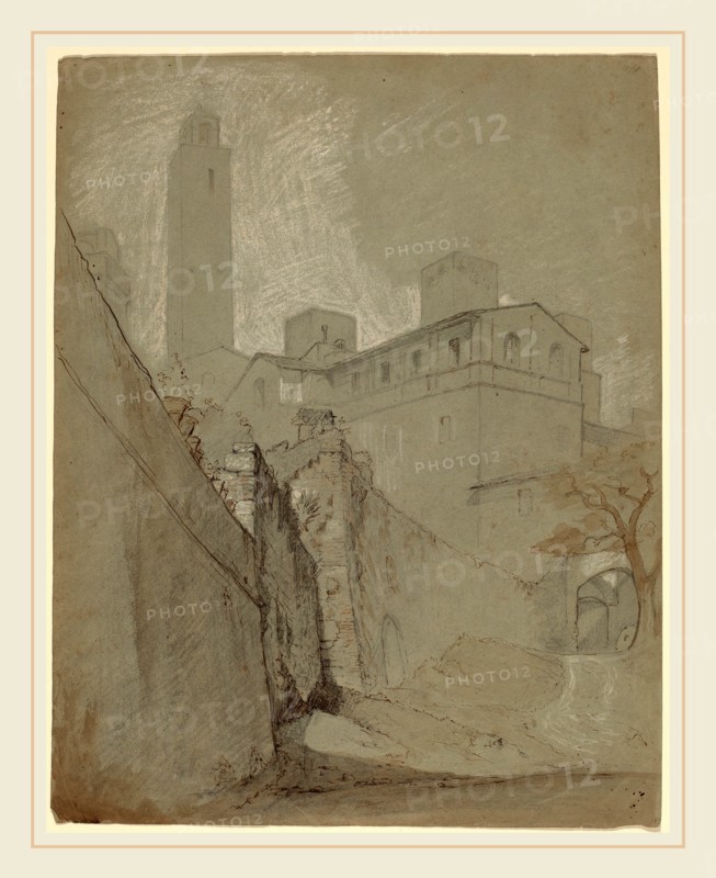 Elihu Vedder, Orvieto, American, 1836-1923, c. 1890, graphite, crayon and pen and brown ink on gray-green paper