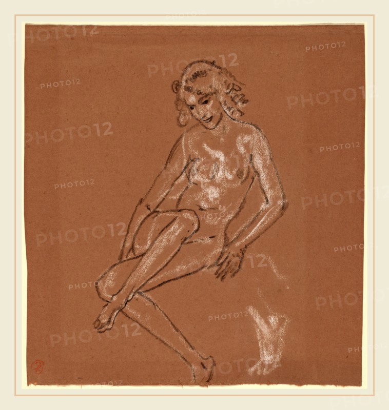 Arthur B. Davies, Seated Nude and a Foot, American, 1862-1928, probably 1920, black and white chalk fixed with water bath on brown laid paper