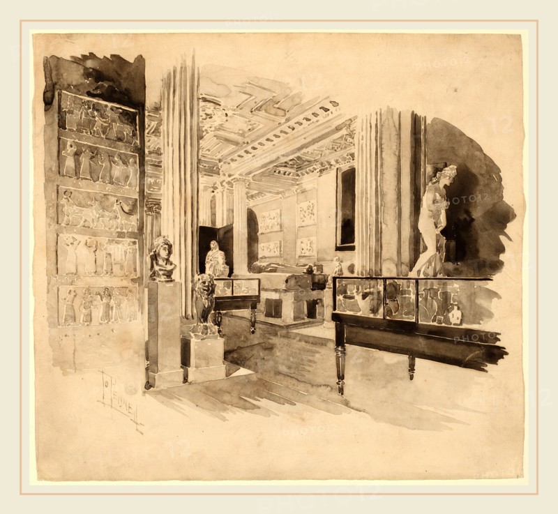 Joseph Pennell, Interior, Fitzwilliam Museum, American, 1857-1926, 1890s, brush and black ink with gray wash over graphite on wove paper