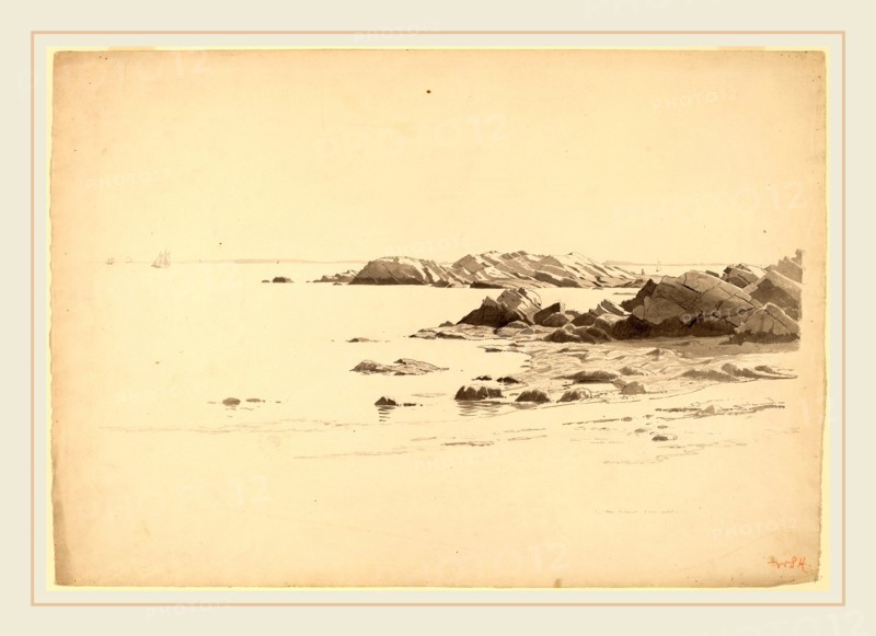 William Stanley Haseltine, Rocklined Beach with Distant Boats, American, 1835-1900, probably 1860-1869, pen and black ink with graphite and gray wash