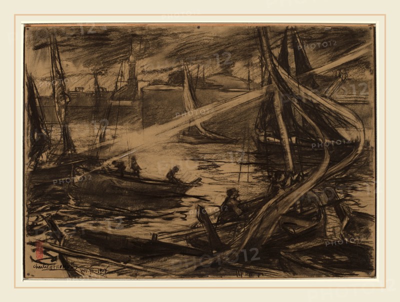 Charles Fromuth, The Storm, American, 1858-1937, 1908, charcoal heightened with white on tan wove paper mounted to board