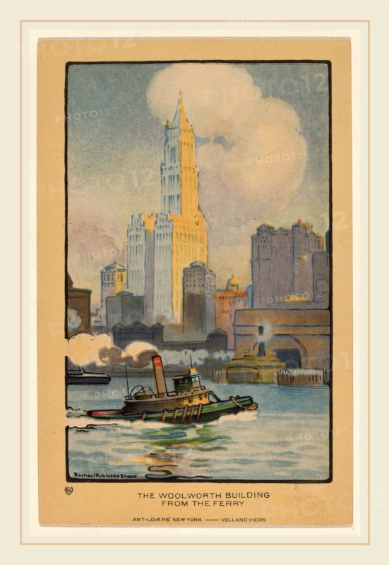 Rachael Robinson Elmer, The Woolworth Building from the Ferry, American, 1878-1919, 1914, halftone offset lithograph