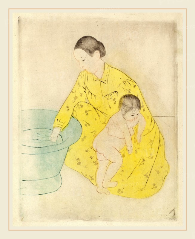 Mary Cassatt, The Bath, American, 1844-1926, c. 1891, drypoint and soft-ground etching in yellow, blue, black, and sanguine