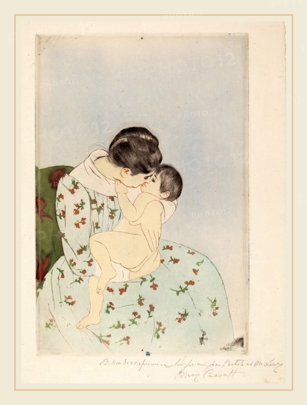 Mary Cassatt, Mother's Kiss, American, 1844-1926, 1890-1891, drypoint and aquatint on laid paper