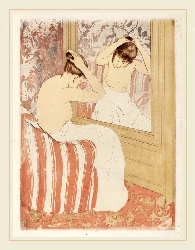 Mary Cassatt, The Coiffure, American, 1844-1926, c. 1891, color drypoint and soft-ground etching on cream laid paper