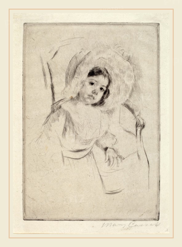 Mary Cassatt, Margot in a Floppy Bonnet Leaning against a Chair, American, 1844-1926, c. 1902, drypoint