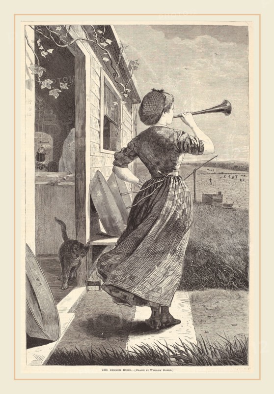 after Winslow Homer, The Dinner Horn, 1870, woodcut on wove paper