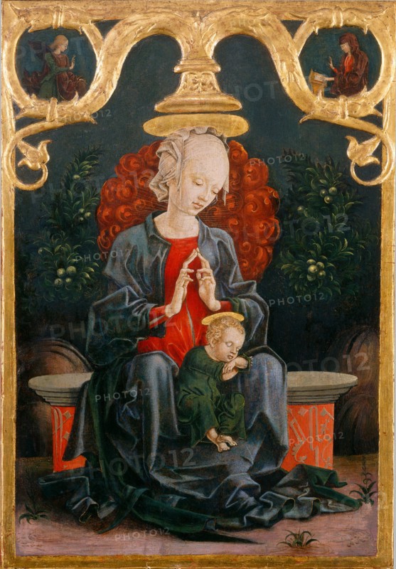 CosmÃ¨ Tura, Madonna and Child in a Garden, Italian, c. 1433-1495, c. 1460-1470, tempera and oil on panel