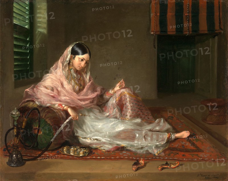 Muslim Lady Reclining An Indian Girl with a Hookah, signed and dated 1789 Signed and dated in black, lower right: "Fr. RENALDI PINXIT | [Dacca 7...9]", Francesco Renaldi, 1755-after 1798, Italian