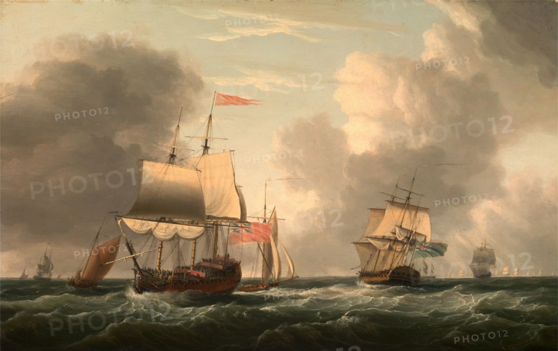 An English Two-Decker Lying Hove to, with Other Ships and Vessels in a Fresh Breeze Signed and dated in black on wood plank, lower right: "D. Serras 1770", Dominic Serres, 1722-1793, French