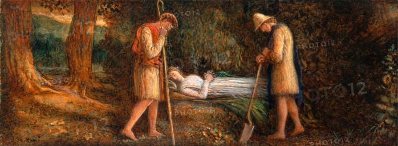 Imogen and the Shepherds, 'Cymbeline,' Act IV, scene II Cymbeline Signed, black paint, lower left: "J.Smetham-", James Smetham, 1821-1889, British