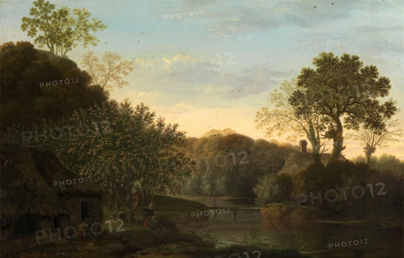 An Autumn Landscape with Apple Pickers Signed in red (ocher) paint, lower left: "Geo Smith Chichester", George Smith, 1714-1776, British