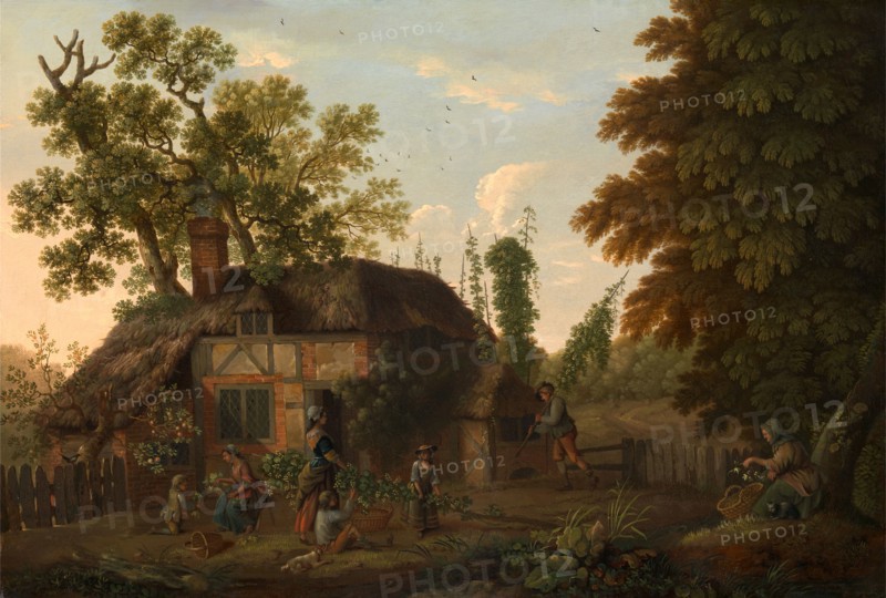Hop Pickers Outside a Cottage Signed in light green paint, lower left: "Geo Smith", George Smith, 1714-1776, British