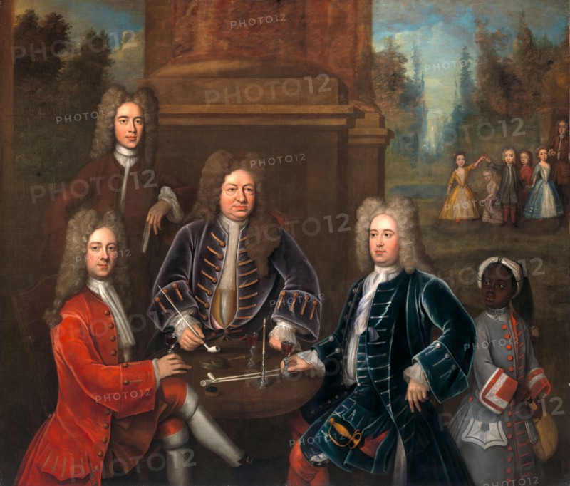 Elihu Yale, the 2nd Duke of Devonshire, Lord James Cavendish, Mr. Tunstal, and a Page, unknown artist, 18th century, British