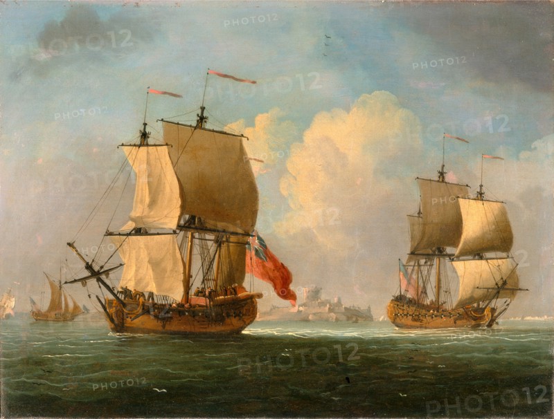 An English Sloop and a Frigate in a Light Breeze, Francis Swaine, 1730-1782, British