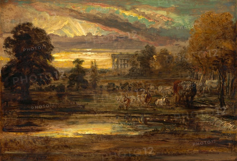 Cattle at a Pool at Sunrise Signed and dated, lower left: "JW RA 1827", James Ward, 1769-1859, British