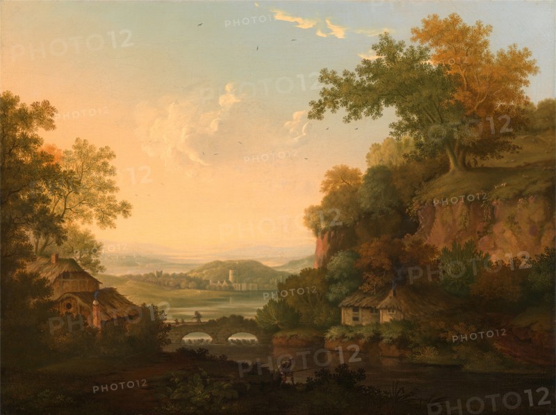 A River Scene with Thatched Huts by a Bridge over a Weir Signed and dated in ocher-color frame, lower right: "Ja: Lambert Lewes 1767", James Lambert of Lewes, 1725-1788, British