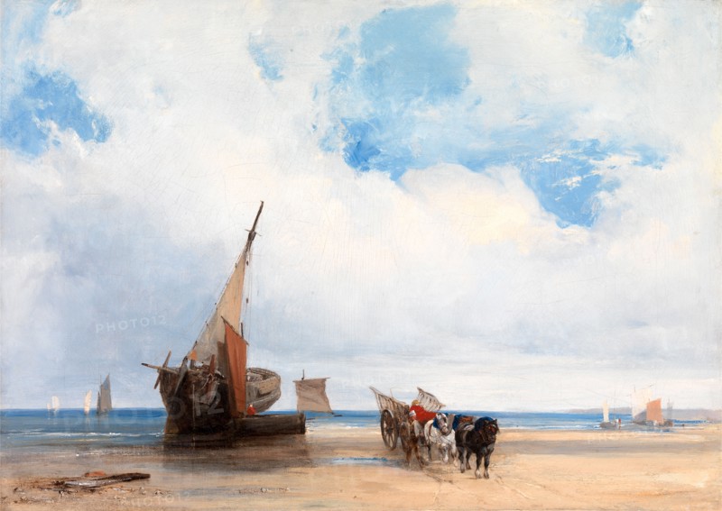 Beached Vessels and a Wagon, near Trouville, France A Coast Scene in Northern France with a Horse and Waggon, c. 1824-6 Beached Vessels and a Wagon near Trouville, Richard Parkes Bonington, 1802-1828, British
