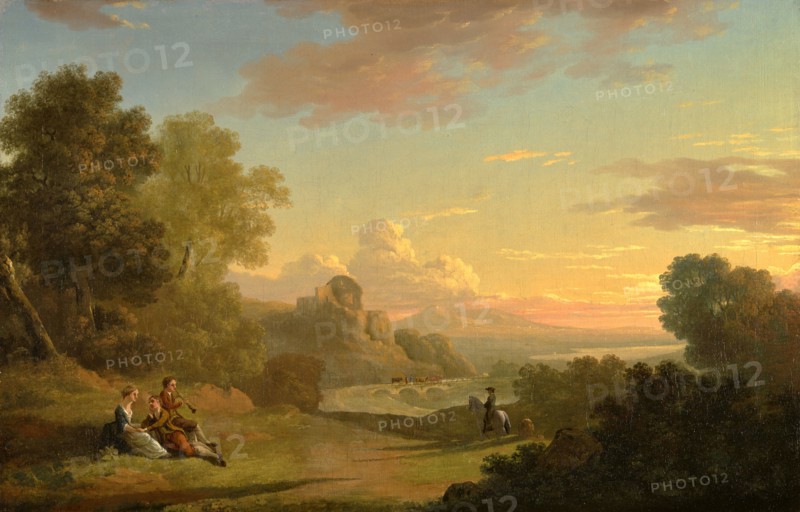 An Imaginary Landscape with a Traveller and Figures Overlooking the Bay of Baiae Signed and dated in green paint, very faint, lower right: "[...] Jones | 1773", Thomas Jones, 1742-1803, British