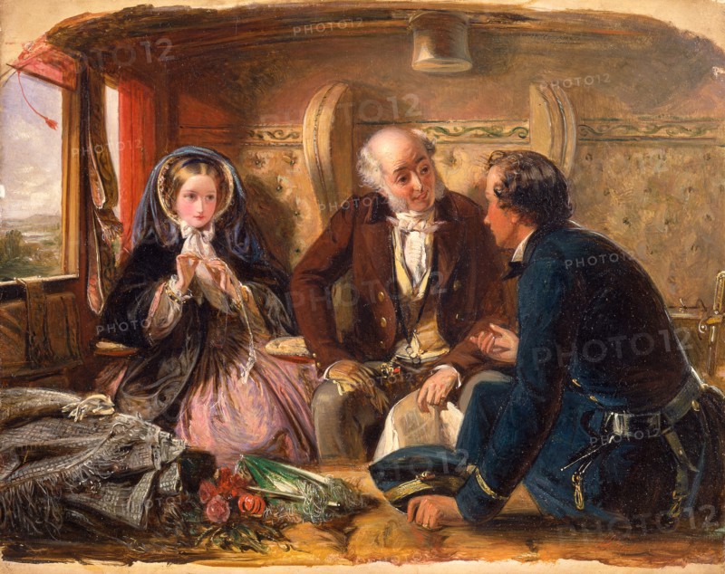 First Class - The Meeting. "And at first meeting loved." Railway journey, travel by train, Signed and dated in red paint, lower right: "A Solomon. 1855", Abraham Solomon, 1824-1862, British