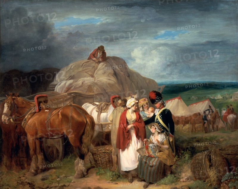 Soldier with Country Women Selling Ribbons, near a Military Camp A Scene at a Camp with a Soldier Buying Ribbons, 'The Departure from Brighton' Signed and dated in yellow paint, lower right: "Fr. Wheatley | 178[?]", Francis Wheatley, 1747-1801, British