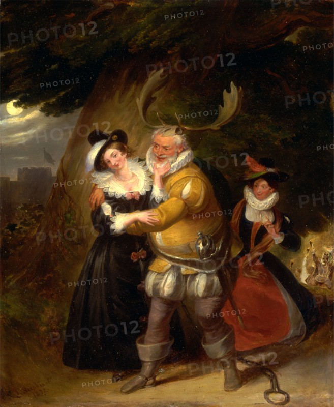 Falstaff at Herne's Oak, from "The Merry Wives of Windsor," Act V, Scene v Falstaff at Herne's Oak, from 'The Merry Wives of Windsor,' V, v Signed and dated in brown paint, lower left: "JStephanoff | 1832", James Stephanoff, 1787-1874, British