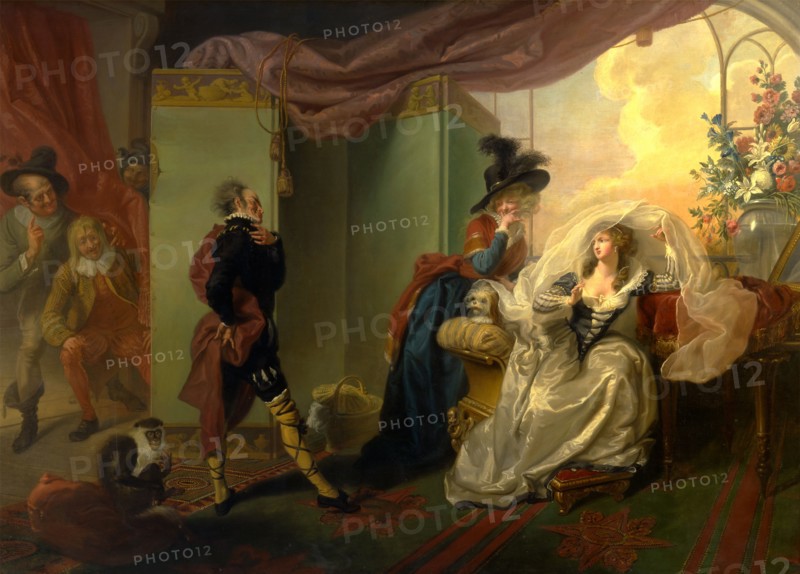 Olivia, Maria and Malvolio from "Twelfth Night," Act III, Scene iv Malvolio before Olivia, from "Twelfth Night," Act III, Scene iv Malvolio before Olivia, from Shakespeare's "Twelfth Night" Malvolio before Olivia Signed and dated in black paint, center right: "HRamberg pinx. 1789.", Johann Heinrich Ramberg, 1763-1840, German