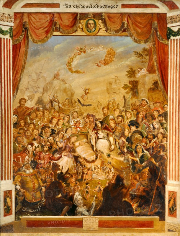 The First Appearance of William Shakespeare on the Stage of the Globe Theatre The First Appearance of William Shakespeare on the Stage of the Globe with Part of his Dramatic Company in 1564 Dated in brown paint, lower right: "and this Drawing made by him in 1864 & 5", George Cruikshank, 1792-1878, British