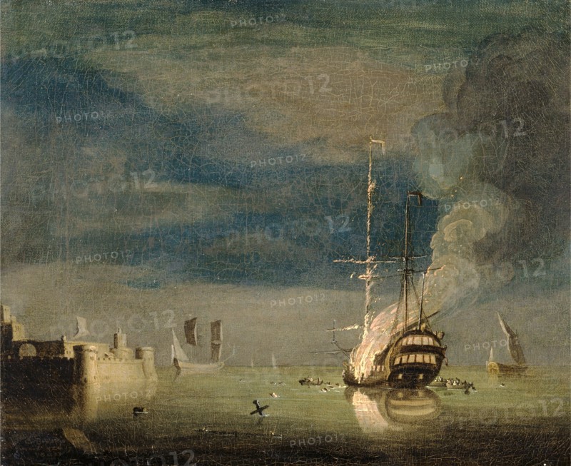 A Two-Decker on Fire at Night off a Fort Inscribed, lower left: "Aged 17 Years" Signed, lower left: "C Brooking [P??]", Charles Brooking, 1723-1759, British