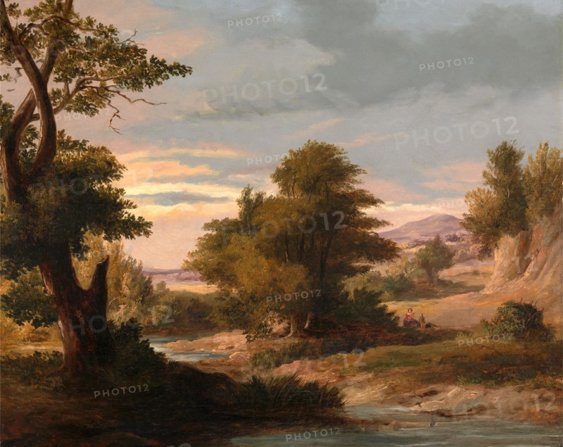 A Wooded River Landscape with Mother and Child Signed and dated, lower left: "J. A. O'Connor | 1830", James Arthur O'Connor, 1792-1841, Irish