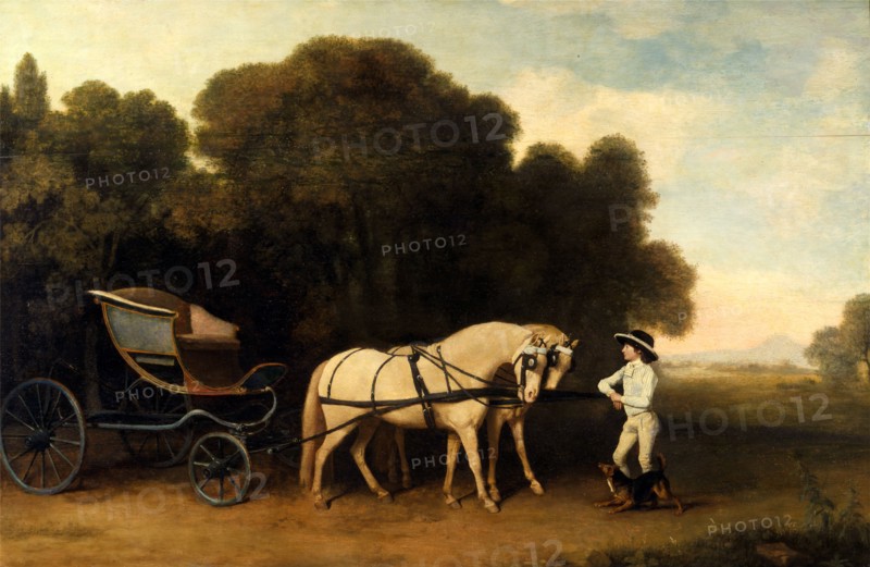Phaeton with a Pair of Cream Ponies and a Stable-Lad Phaeton with a pair of cream ponies and a tiger-lad Charles II and Nell Gwynn at Newmarket Heath, George Stubbs, 1724-1806, British