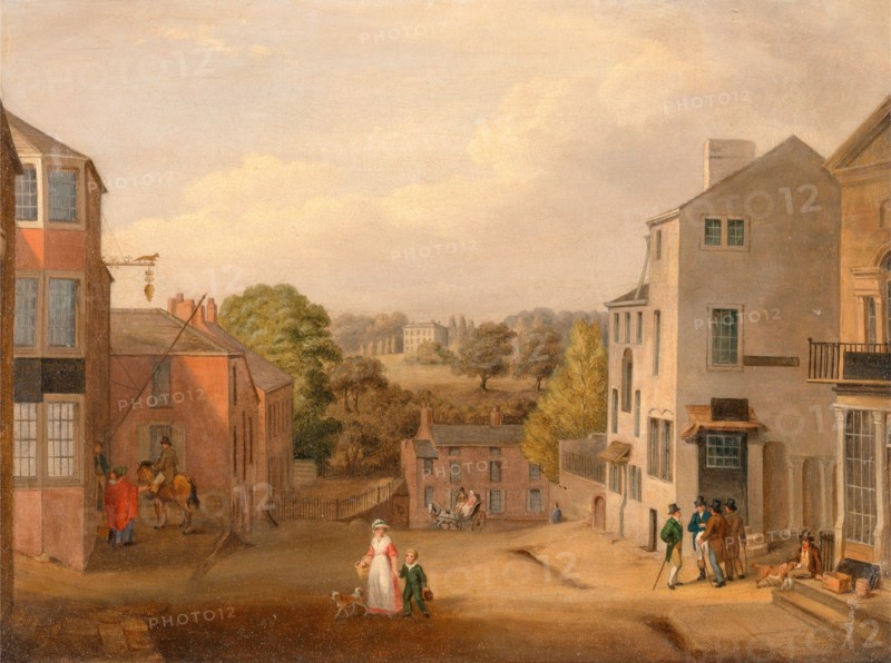 Street Scene in Chorley, Lancashire, with a view of Chorley Hall, John Bird of Liverpool, 1768-1829, British