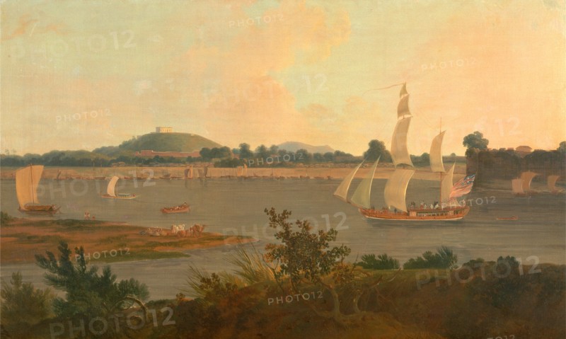 Pinnace sailing down the Ganges past Monghyr Fort Ganges Landscape, Thomas Daniell, 1749-1840, British