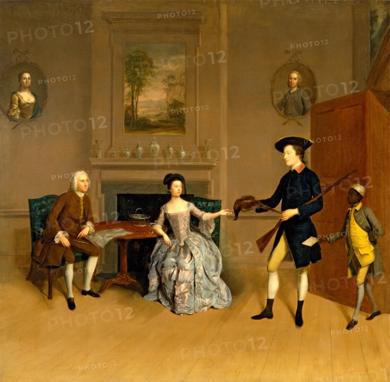 John Orde, His Wife Anne, and His Eldest Son William John Orde and His Second Wife Watching William Orde's Return From Shooting Inscribed, center right, on letter: "To: John Orde | at Mo[?]t [?]"; center left, on newspaper: "The Daily Adv[vertiser]", Arthur Devis, 1712-1787, British