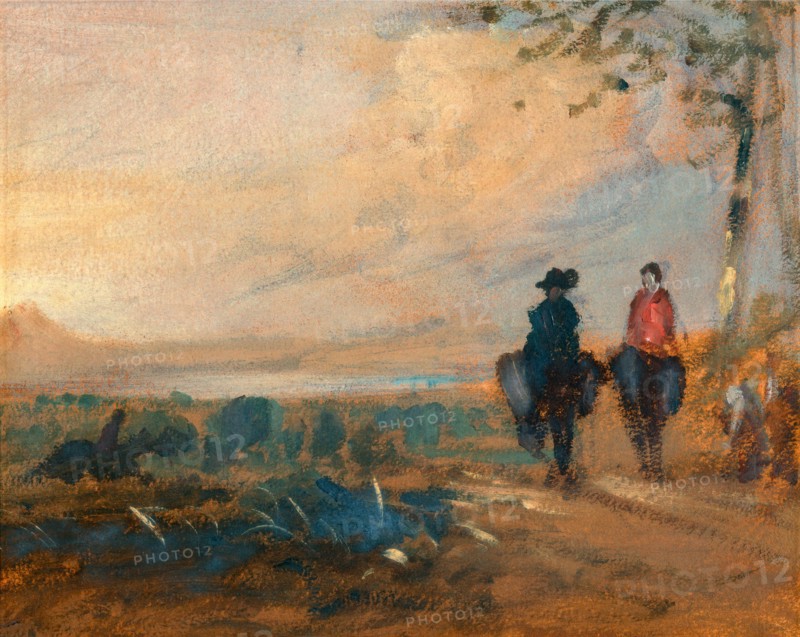 Landscape with Lake and Two Figures Riding Landscape with Lake and two Figures Riding Donkeys, unknown artist, 19th century, British