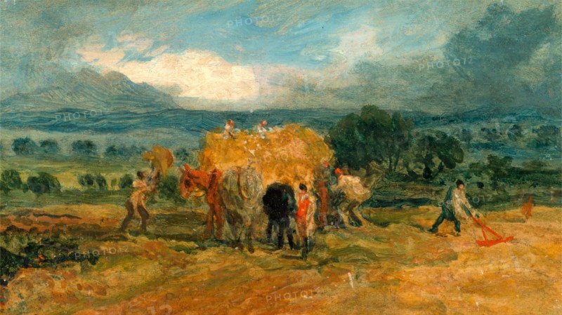 A Harvest Scene with Workers Loading Hay on to a Farm Wagon Signed, branded on verso: "I W R A", James Ward, 1769-1859, British