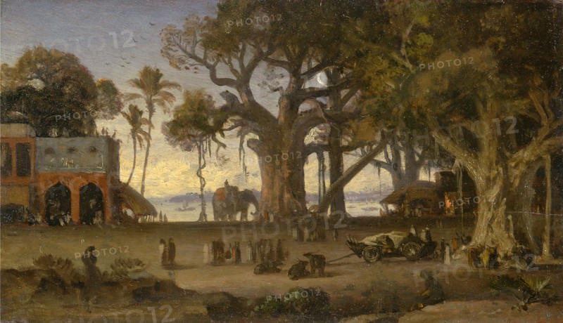 Moonlit Scene of Indian Figures and Elephants among Banyan Trees, Upper India (probably Lucknow), Auguste Borget, 1809 -1877, French