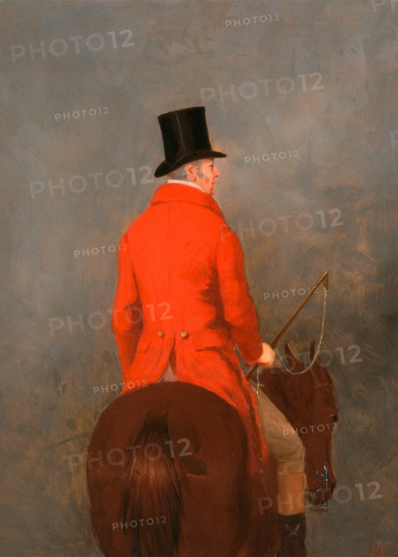 Portrait of Thomas Cholmondeley, 1st Lord Delamere, on His Hunter (study for "The Cheshire Hunt at Tatton Park") Signed in red paint, lower right: "HC", Henry Calvert, active 1826-1854, British