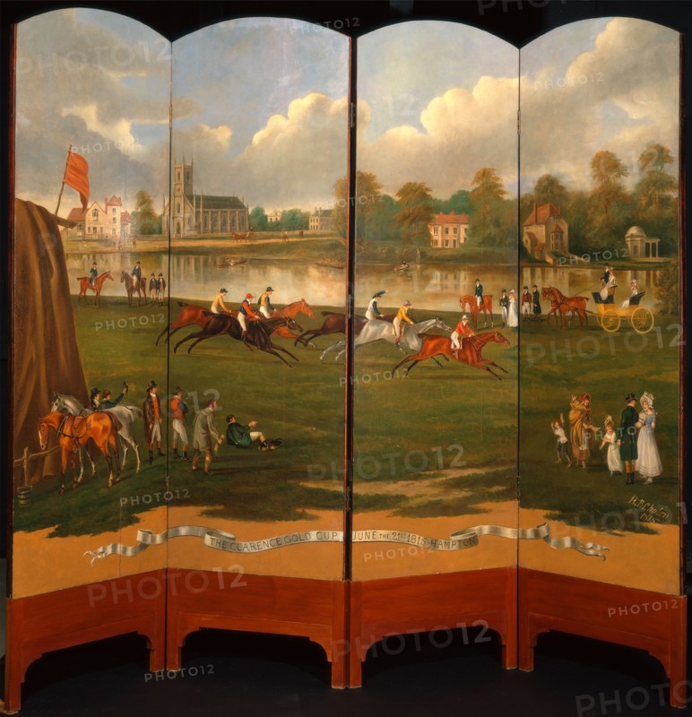 The Clarence Gold Cup at Hampton, London The Start of the Race for the Clarence Gold Cup at Hampton, Wed., 21 June, 1815 Inscribed on a scroll below the subject lettered across the panels: "THE CLARENCE GOLD CUP JUNE THE 21ST 1815 HAMPTON." Signed and dated, lower right: "H. B. Chalon 1815", Henry Bernard Chalon, 1771-1849, British