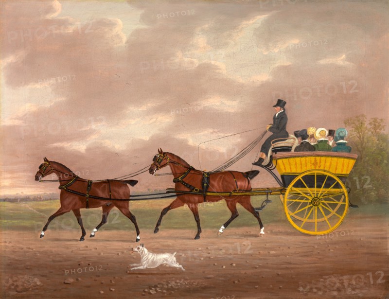 A Gentleman Driving Tandem to a Jaunting Car Going to Church: a coach and four driving along a country road, a dog running alongside, Edwin W. Cooper of Beccles, (previously Edward Cooper), 1785-1833
